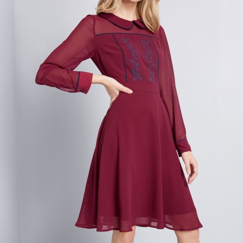 Modcloth dress red maroon Pretty Performative sheer longsleeve NWOT medium